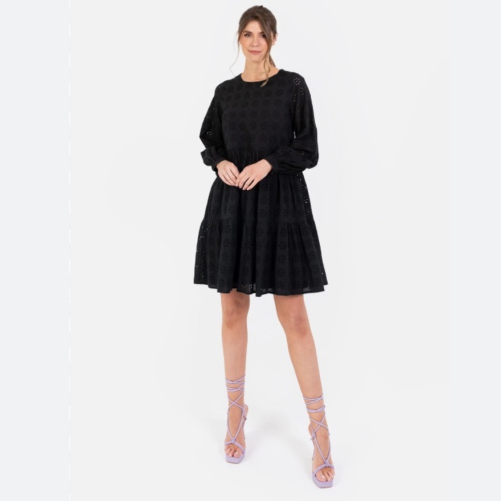 Madewell Black Pleated Mini Dress with Bishop Sleeves
